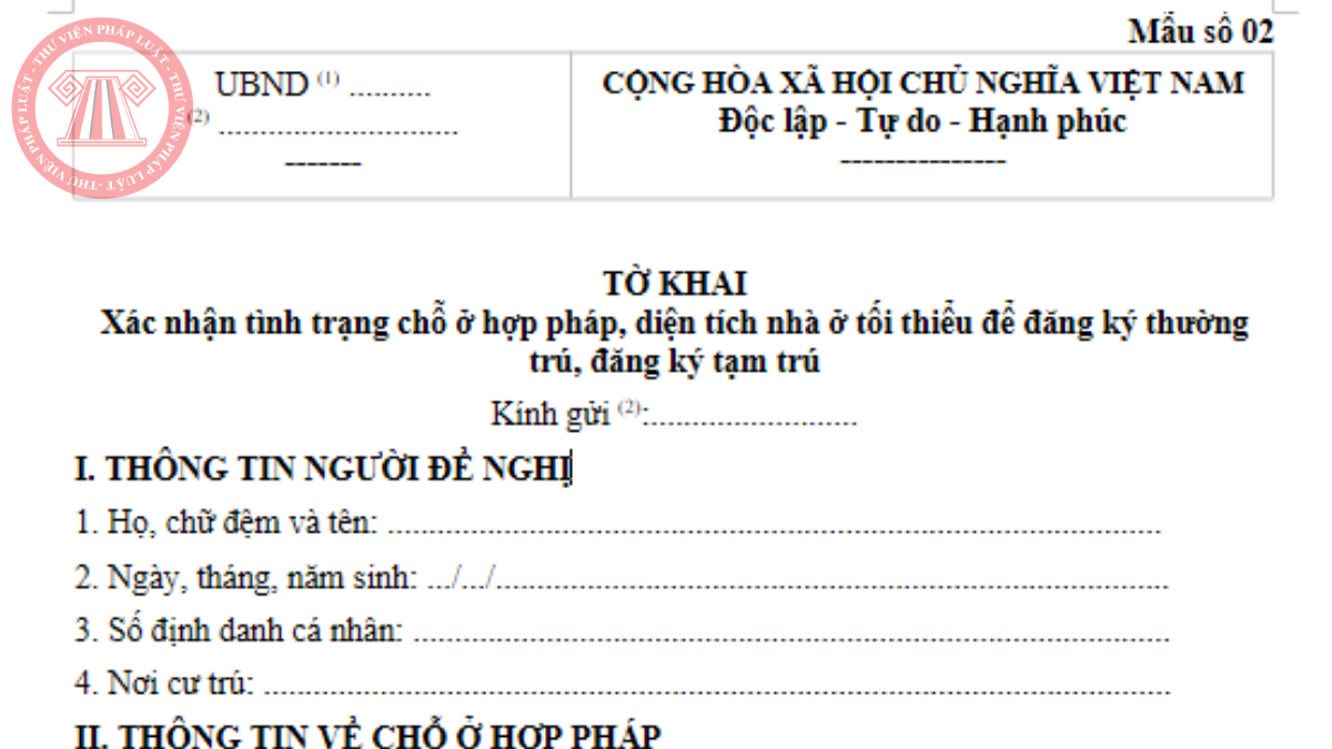 Tải Mẫu 02 Nghị định 58/2026/NĐ-CP - Mẫu tờ khai xác nhận tình trạng chỗ ở hợp pháp 2026