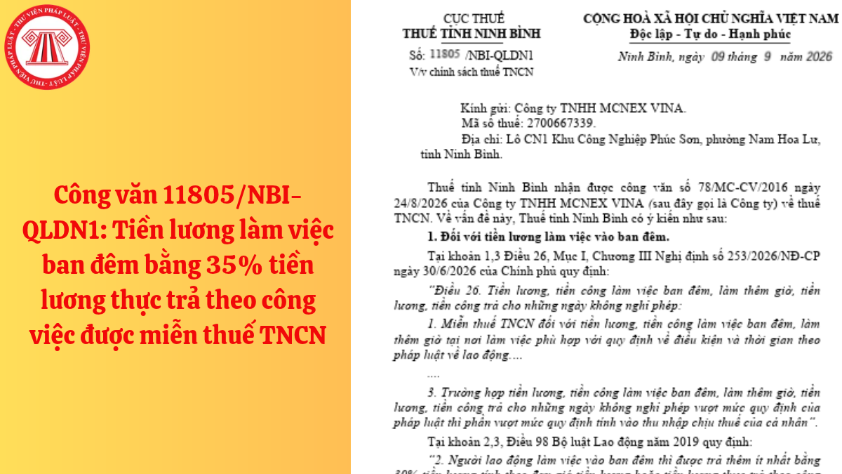 Công văn 11805/NBI-QLDN1: Tiền lương làm việc ban đêm bằng 35% tiền lương thực trả theo công việc được miễn thuế TNCN