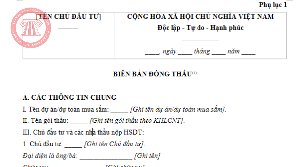 Mẫu biên bản đóng thầu mới nhất 2026 theo Thông tư 134/2026/TT-BTC