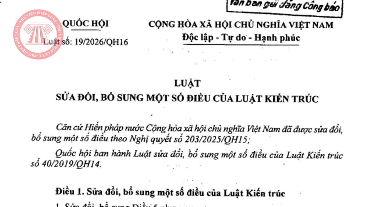Tải Luật số 19/2026/QH16 PDF: Luật sửa đổi Luật Kiến trúc 2026