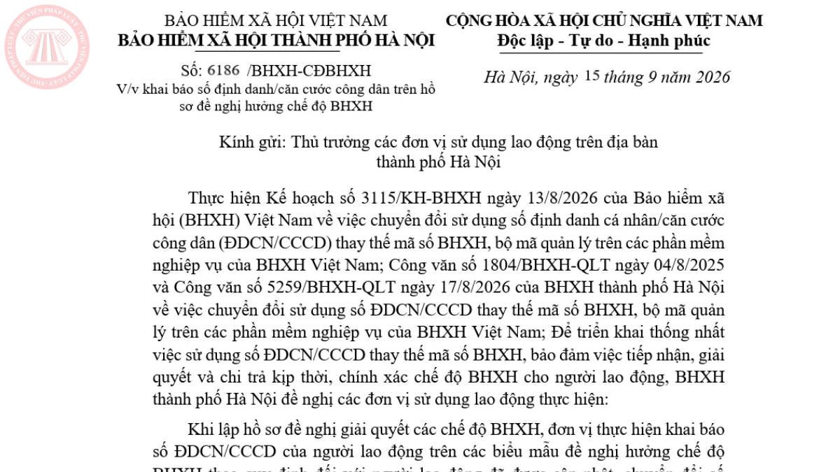 Hướng dẫn khai báo số định danh/CCCD trên hồ sơ đề nghị hưởng chế độ BHXH theo Công văn 6186/BHXH-CĐBHXH