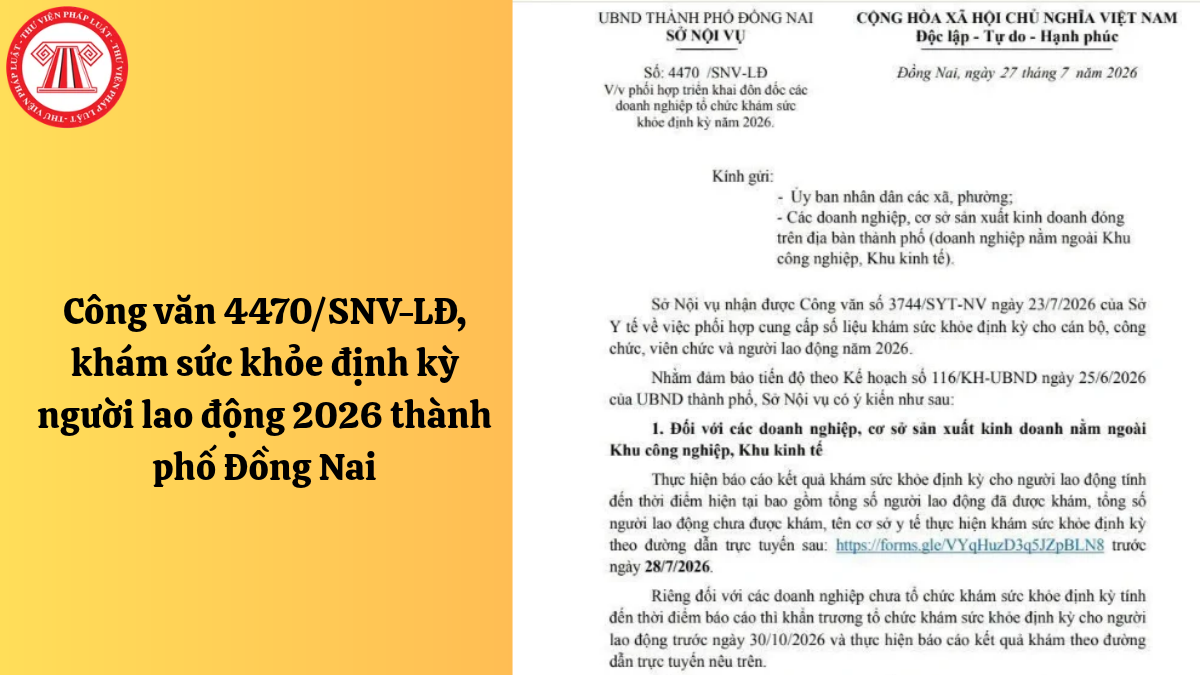 Công văn 4470/SNV-LĐ, khám sức khỏe định kỳ người lao động 2026 thành phố Đồng Nai