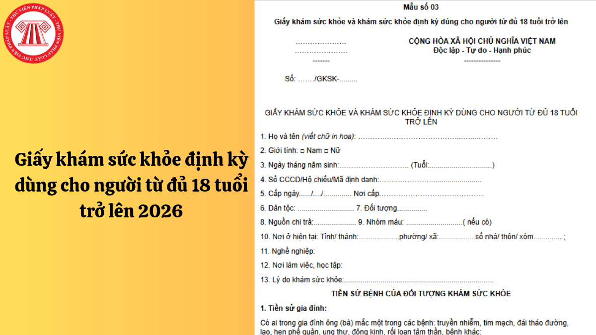 Giấy khám sức khỏe định kỳ dùng cho người từ đủ 18 tuổi trở lên 2026