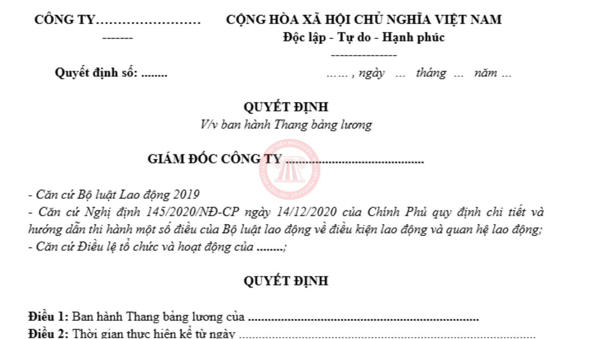 Mẫu quyết định ban hành thang bảng lương 2026