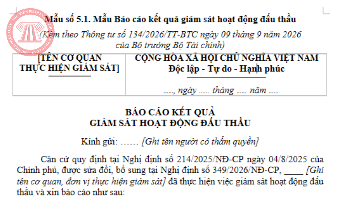 Mẫu số 5.1 Thông tư 134/2026/TT-BTC Mẫu Báo cáo kết quả giám sát hoạt động đấu thầu
