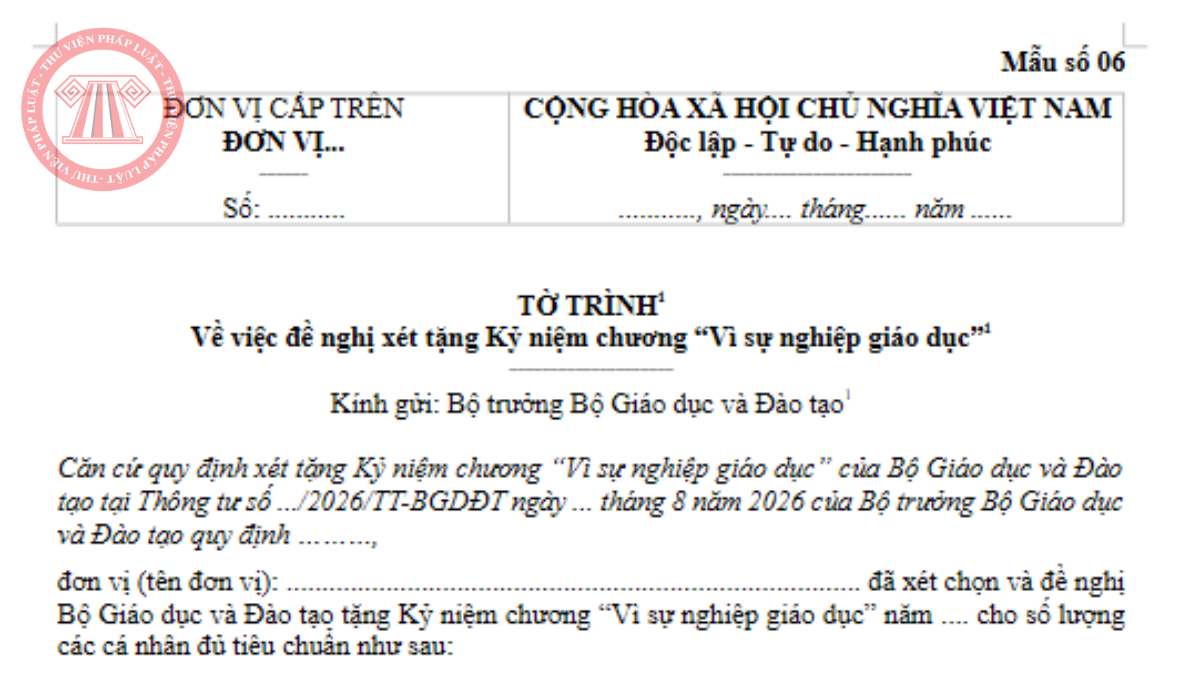 Mẫu tờ trình đề nghị xét tặng Kỷ niệm chương mới nhất 2026 theo Thông tư 67/2026/TT-BGDĐT