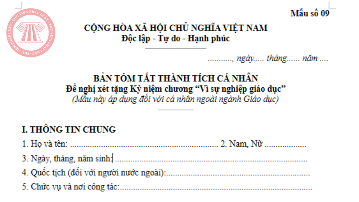 Tải về mẫu số 09 Thông tư 67/2026/TT-BGDĐT – Mẫu bản tóm tắt thành tích cá nhân ngoài ngành Giáo dục