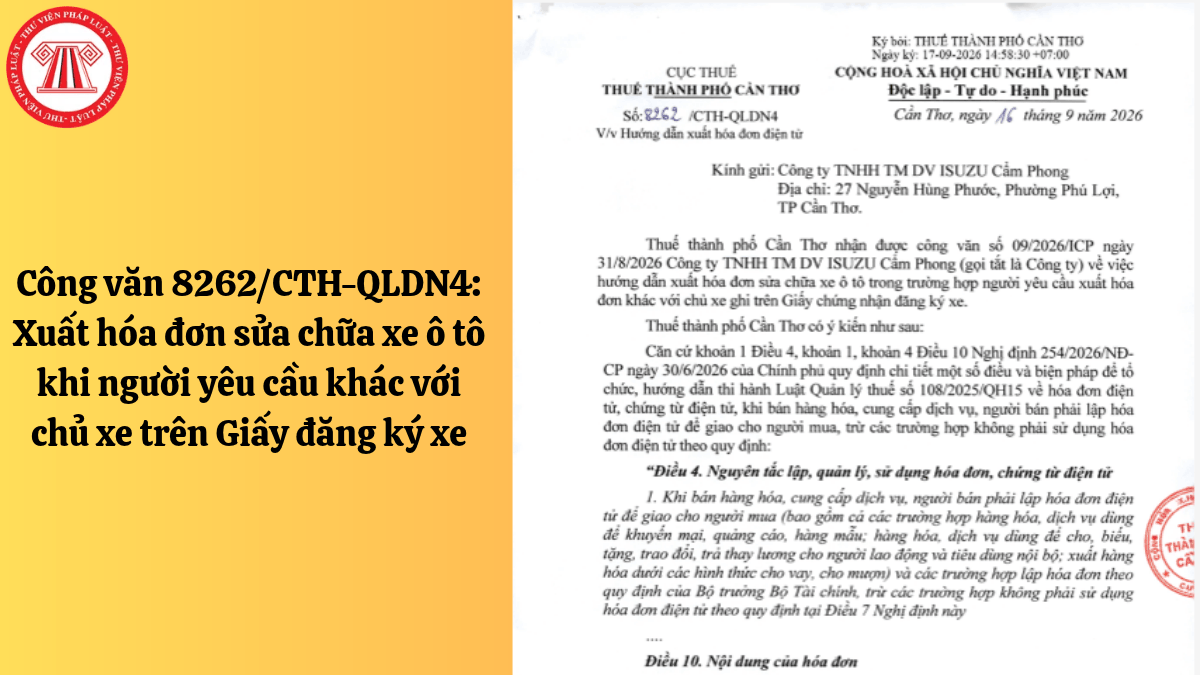 Công văn 8262/CTH-QLDN4: Xuất hóa đơn sửa chữa xe ô tô khi người yêu cầu khác với chủ xe trên Giấy đăng ký xe