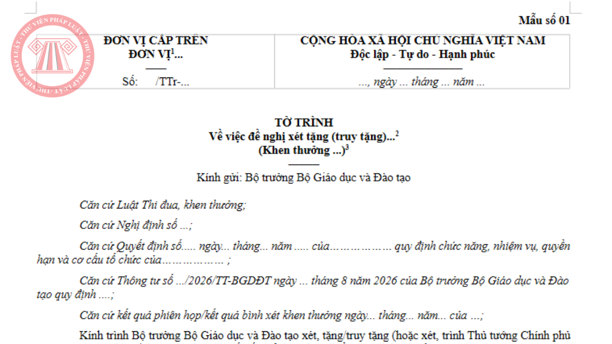 Tải về Mẫu số 01 Thông tư 67/2026/TT-BGDĐT mẫu tờ trình đề nghị xét tặng danh hiệu thi đua hình thức khen thưởng