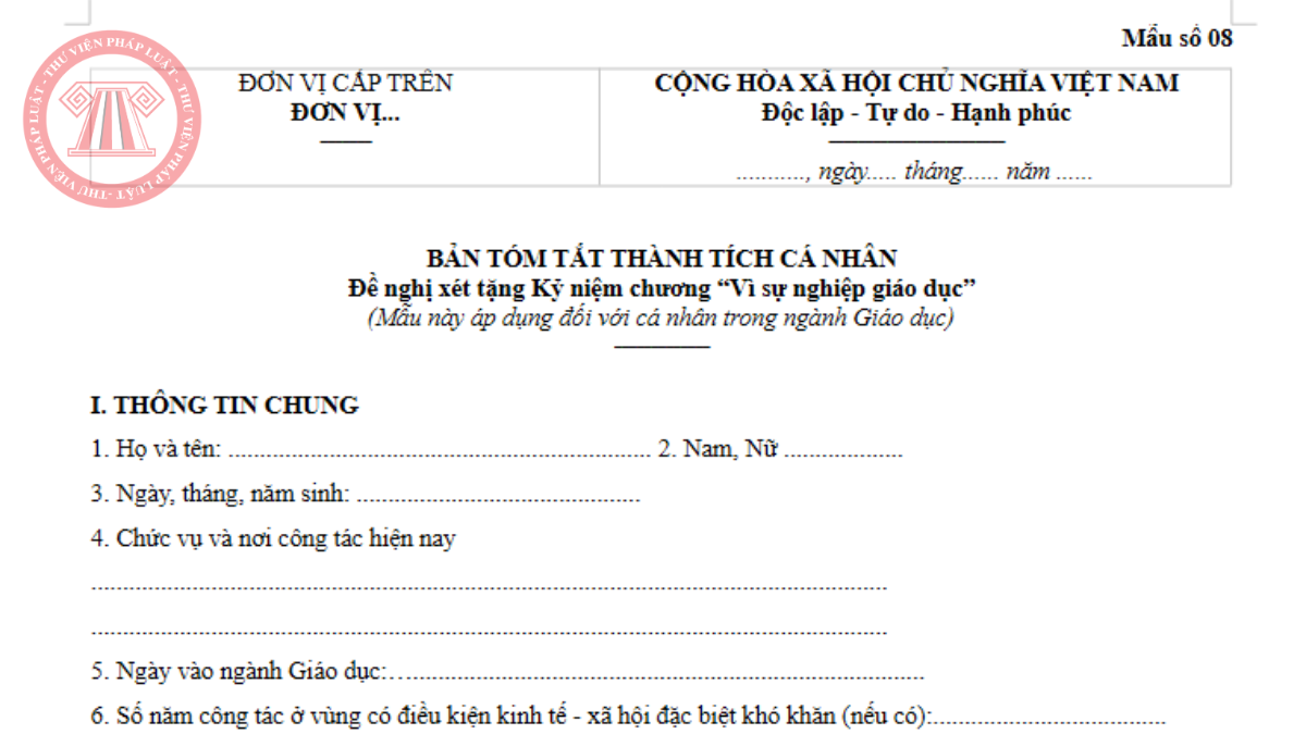 Mẫu số 08 Thông tư 67/2026/TT-BGDĐT Mẫu bản tóm tắt thành tích cá nhân trong ngành Giáo dục 2026