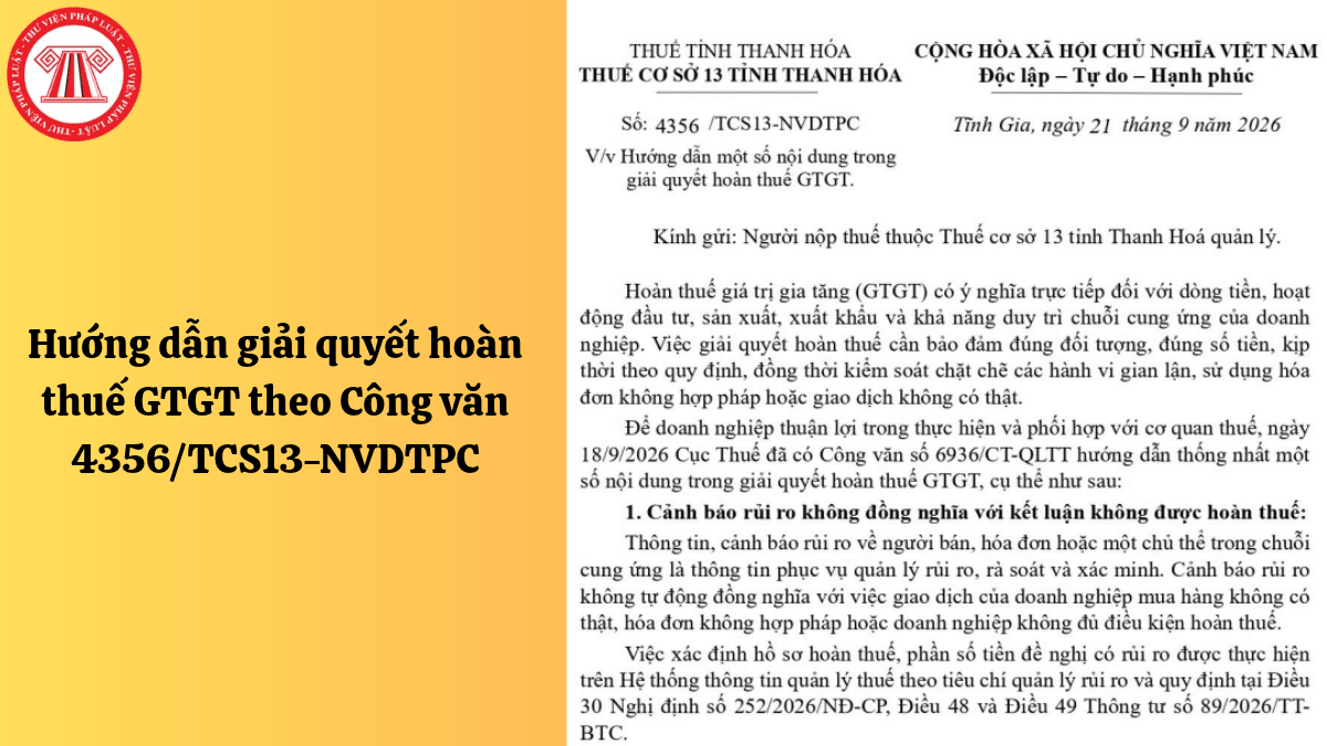 Hướng dẫn giải quyết hoàn thuế GTGT theo Công văn 4356/TCS13-NVDTPC