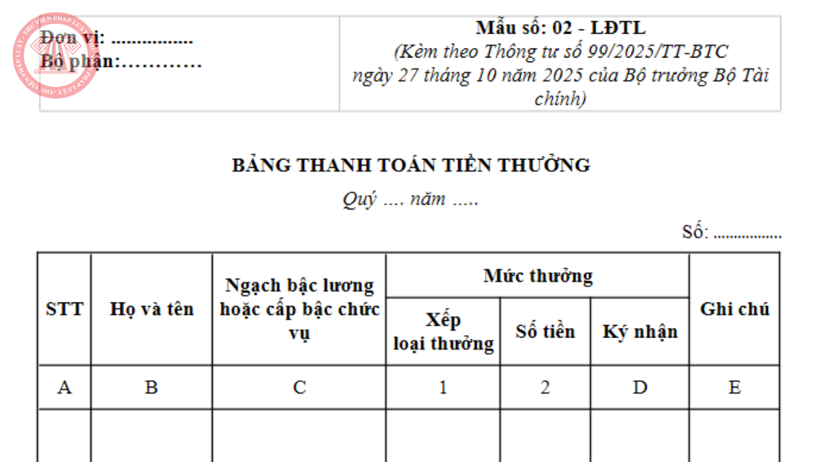 Tải Mẫu 02 - LĐTL Thông tư 99/2025/TT-BTC Mẫu bảng thanh toán tiền thưởng
