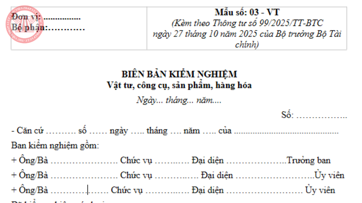 Mẫu biên bản kiểm nghiệm vật tư 2026 theo Thông tư 99/2025/TT-BTC