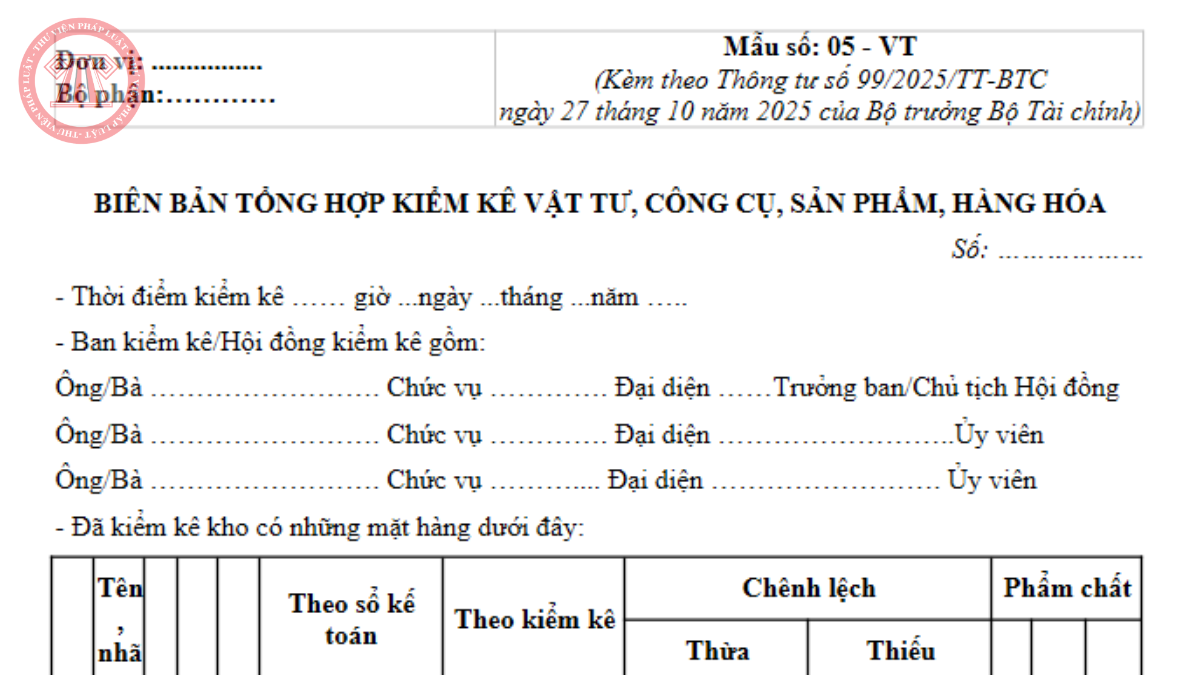 Tải Mẫu 05 - VT Thông tư 99/2025/TT-BTC Mẫu biên bản tổng hợp kiểm kê vật tư, công cụ, sản phẩm, hàng hóa