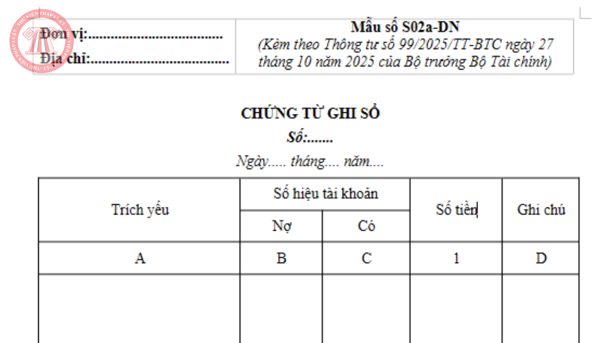 Mẫu số S02a-DN Mẫu chứng từ ghi sổ theo Thông tư 99/2025/TT-BTC