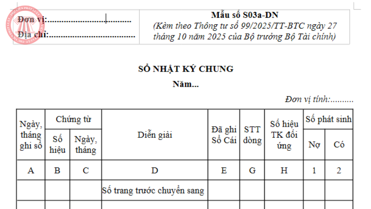 Mẫu S03a-DN mẫu sổ nhật ký chung theo Thông tư 99/2025/TT-BTC