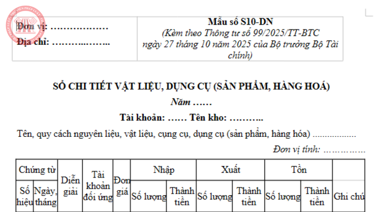 Tải Mẫu S10-DN theo Thông tư 99/2025/TT-BTC - Mẫu sổ chi tiết vật liệu, dụng cụ (sản phẩm, hàng hóa)
