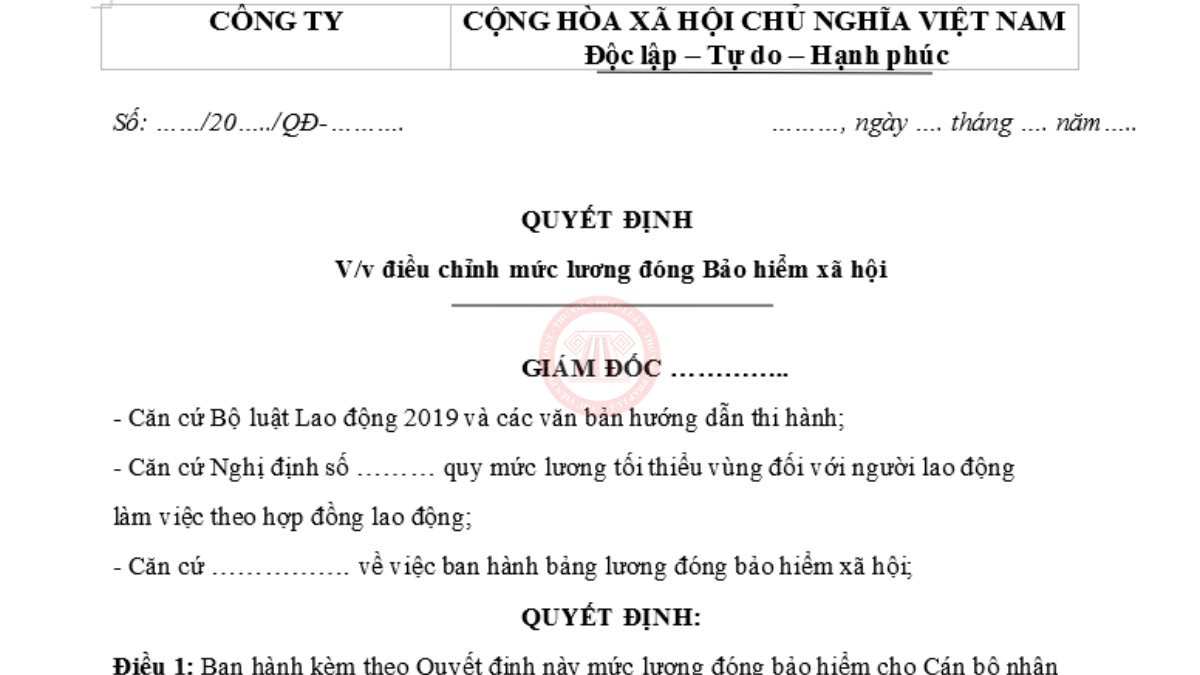File word mẫu quyết định tăng lương đóng BHXH mới nhất 2026