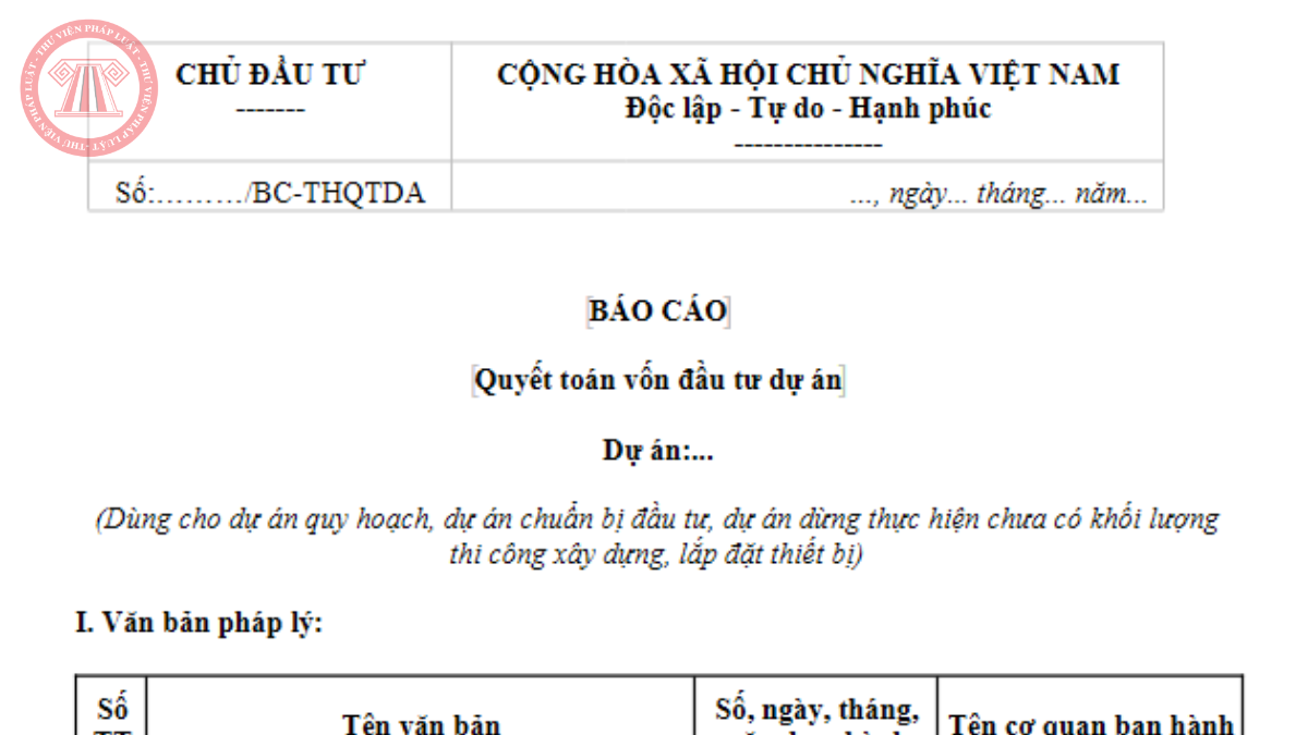 Mẫu số 08/QTDA theo Thông tư 73/2026/TT-BTС Mẫu báo cáo quyết toán vốn đầu tư dự án 2026