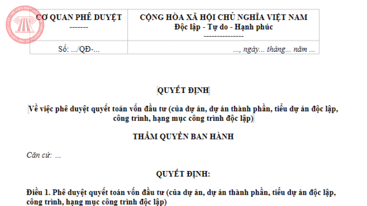 Mẫu số 10/QTDA Thông tư 73/2026/TT-BTС Quyết định phê duyệt quyết toán vốn đầu tư dự án