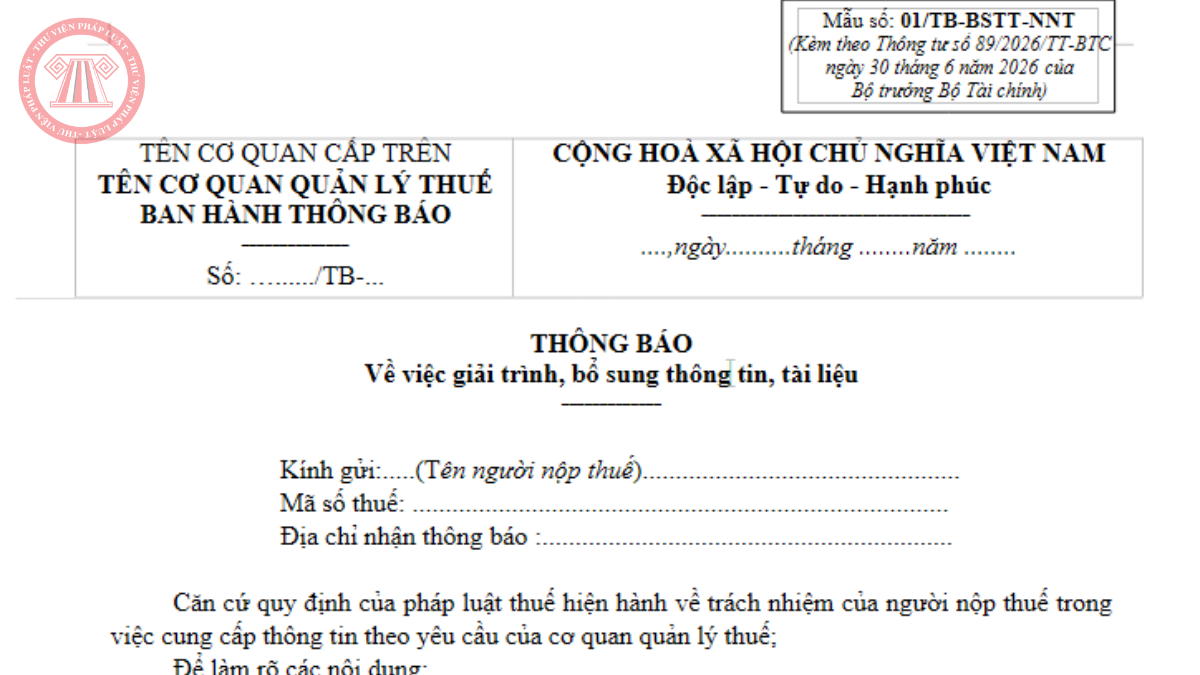 Tải file word Mẫu số 01/TB-BSTT-NNT Thông tư 89/2026/TT-BTC