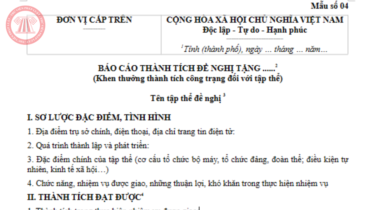 Mẫu 04 Nghị định 368/2026/NĐ-CP Mẫu Báo cáo thành tích đề nghị khen thưởng công trạng cho tập thể
