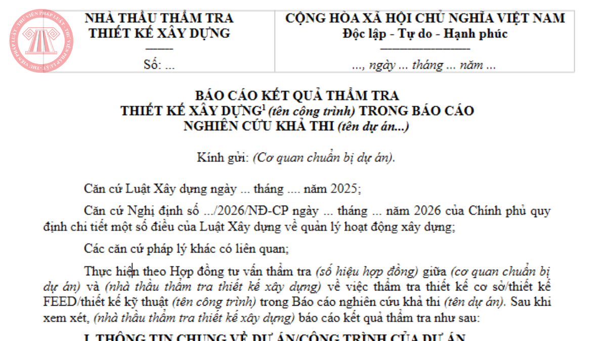 Mẫu số 02 Báo cáo kết quả thẩm tra thiết kế xây dựng trong Báo cáo nghiên cứu khả thi theo Nghị định 217/2026/NĐ-CP