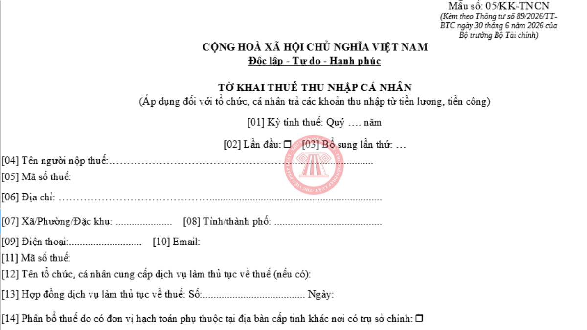 Mẫu 05/KK-TNCN Excel mẫu tờ khai thuế TNCN theo Thông tư 89/2026/TT-BTC