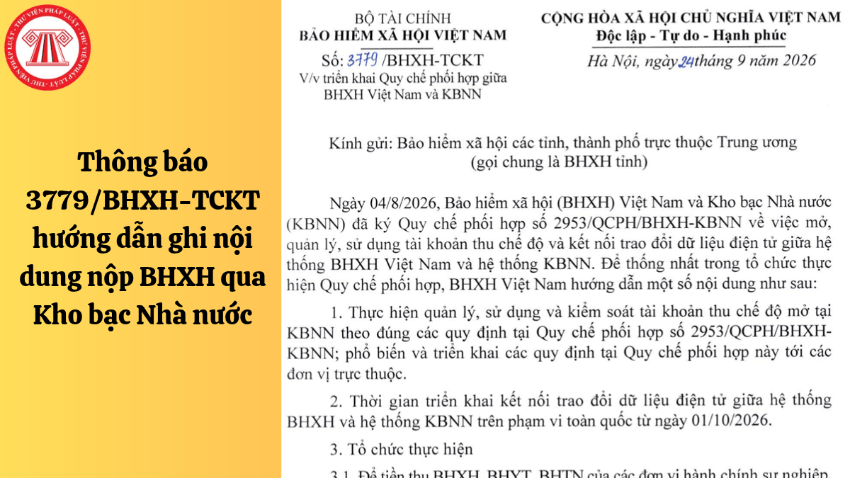 Thông báo 3779/BHXH-TCKT hướng dẫn ghi nội dung nộp BHXH qua Kho bạc Nhà nước