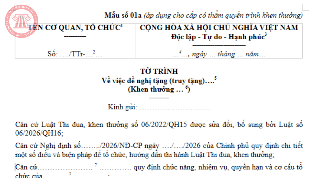 Mẫu số 01a tờ trình đề nghị khen thưởng 2026 theo Nghị định 368/2026/NĐ-CP