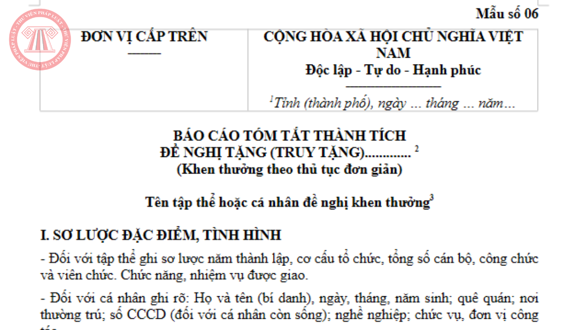 Tải về Mẫu số 06 Nghị định 368/2026/NĐ-CP mẫu Báo cáo thành tích đề nghị khen thưởng theo thủ tục đơn giản