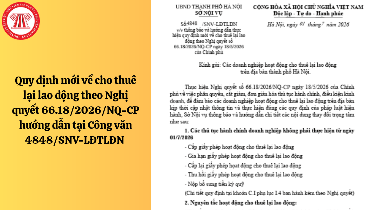 Quy định mới về cho thuê lại lao động theo Nghị quyết 66.18/2026/NQ-CP hướng dẫn tại Công văn 4848/SNV-LĐTLĐN