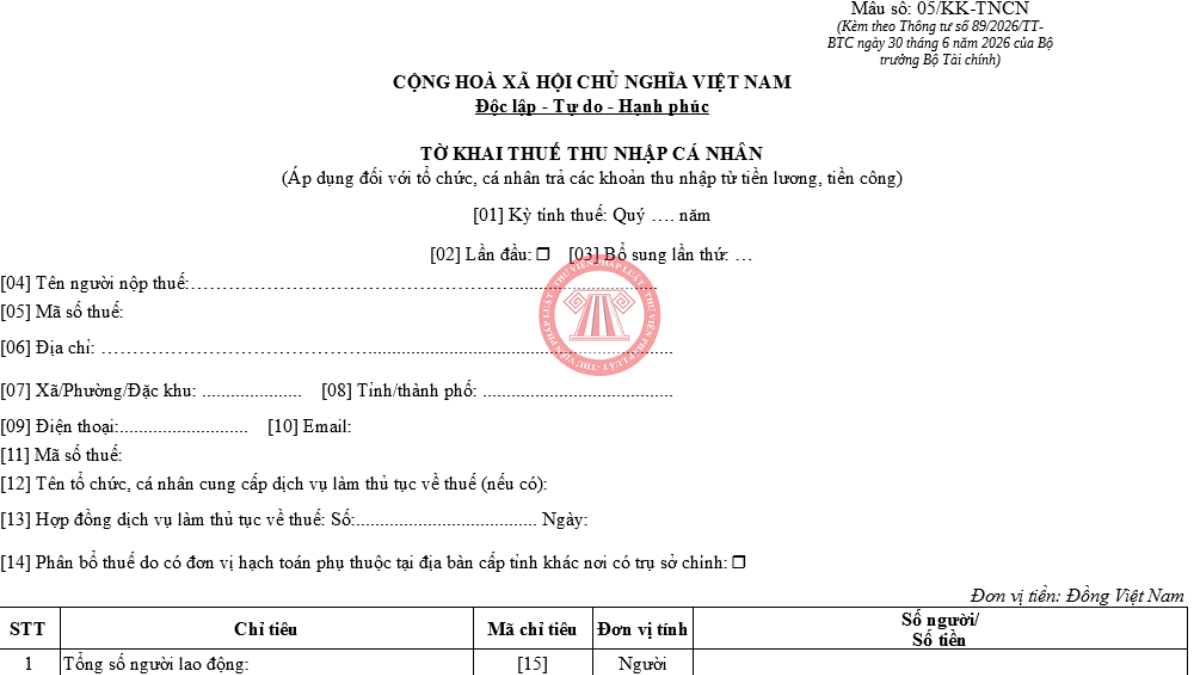 Trọn bộ file word excel mẫu tờ khai 05/KK-TNCN Thông tư 89/2026/TT-BTC