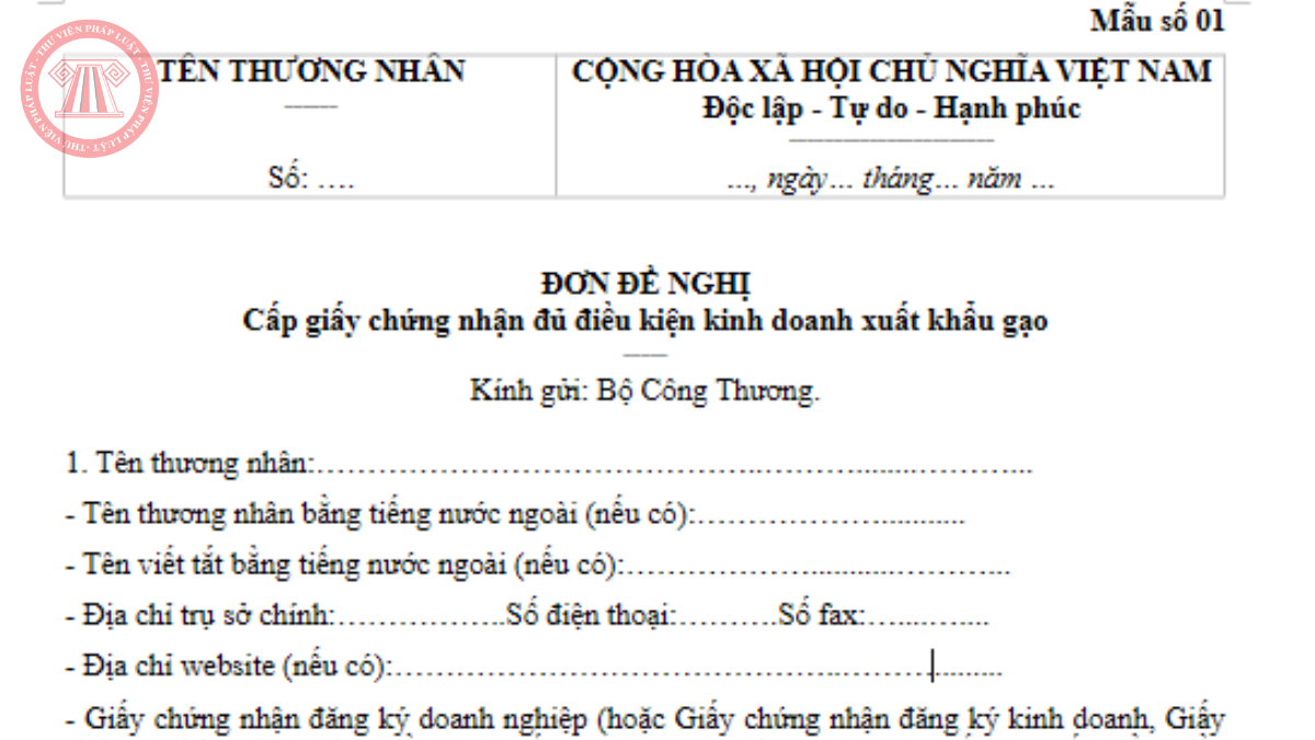 Mẫu đơn đề nghị cấp GCN đủ điều kiện kinh doanh xuất khẩu gạo 2026