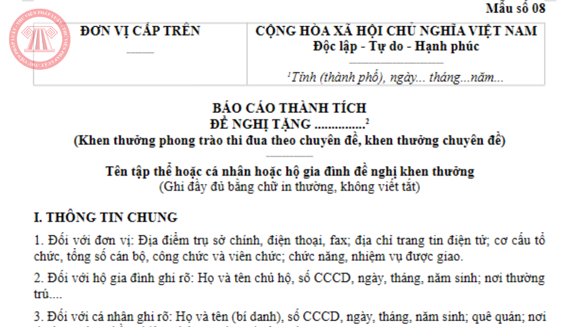 Mẫu số 08 Báo cáo thành tích đề nghị khen thưởng phong trào thi đua theo chuyên đề theo Nghị định 368/2026/NĐ-CP