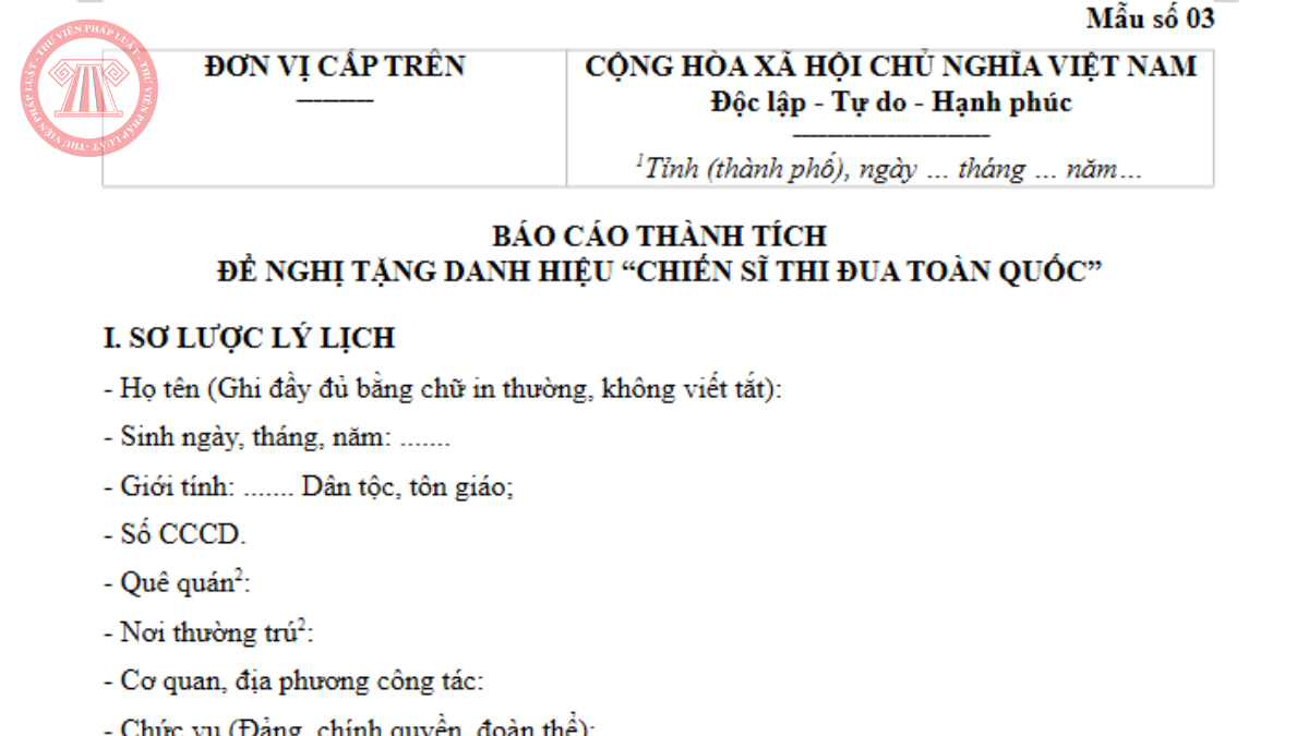 Mẫu số 03 theo Nghị định 368/2026/NĐ-CP - Mẫu báo cáo thành tích đề nghị danh hiệu Chiến sĩ thi đua toàn quốc