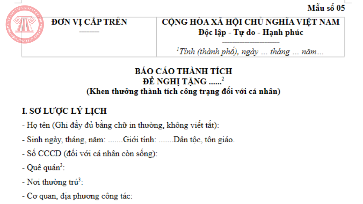 Tải về Mẫu 05 Nghị định 368/2026/NĐ-CP Mẫu Báo cáo thành tích đề nghị khen thưởng công trạng cho cá nhân