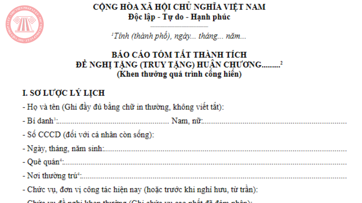 Mẫu 07 Nghị định 368/2026/NĐ-CP - Mẫu báo cáo thành tích đề nghị khen thưởng quá trình cống hiến