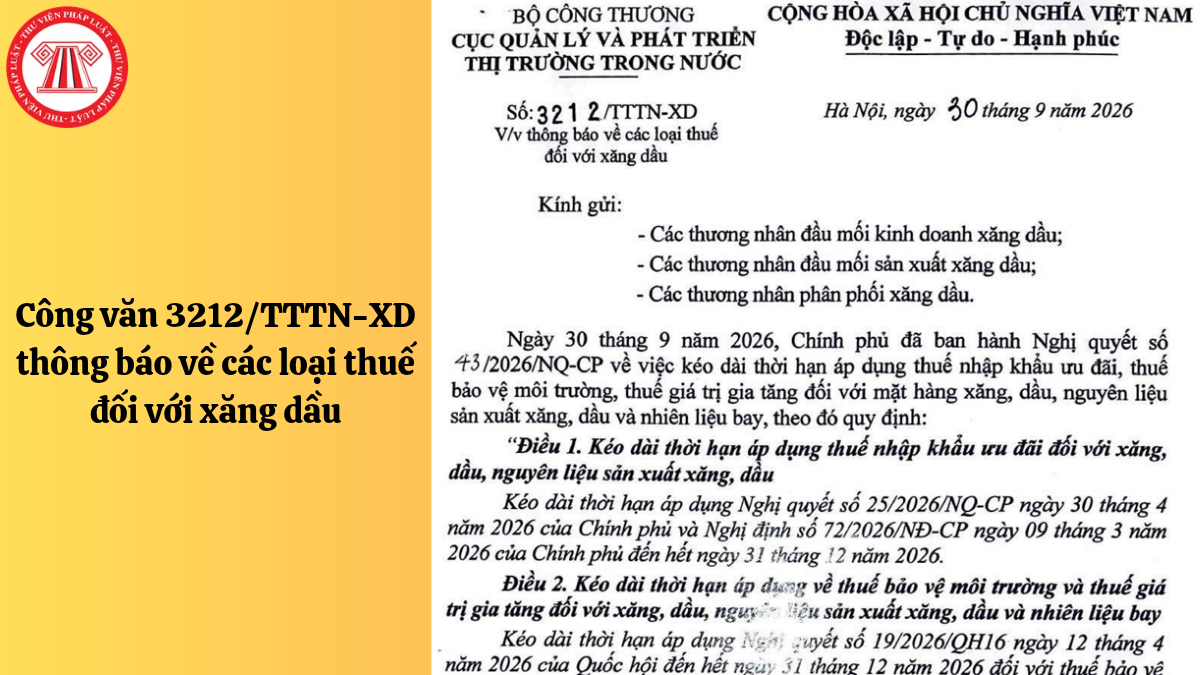 Công văn 3212/TTTN-XD thông báo về các loại thuế đối với xăng dầu