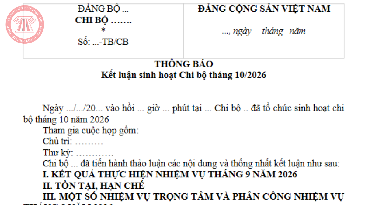 Mẫu thông báo kết luận cuộc họp chi bộ tháng 10/2026