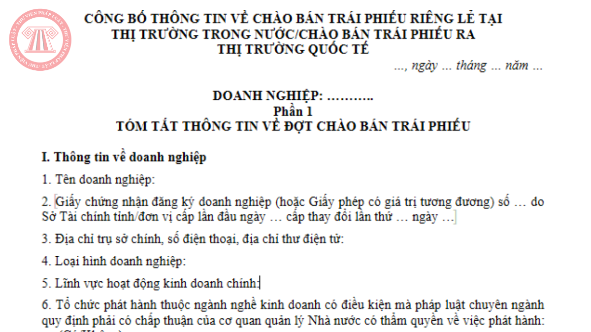 Mẫu Công bố thông tin trước đợt chào bán trái phiếu 2026 theo Thông tư 138/2026/TT-BTC