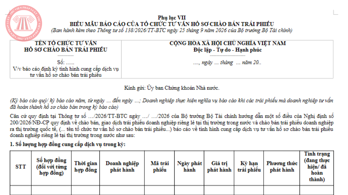 Biểu mẫu báo cáo của tổ chức tư vấn hồ sơ chào bán trái phiếu 2026 theo Thông tư 138/2026/TT-BTC
