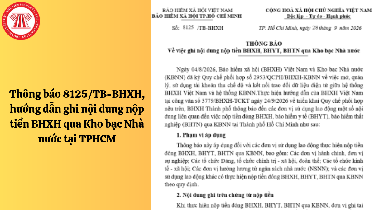 Thông báo 8125/TB-BHXH, hướng dẫn ghi nội dung nộp tiền BHXH qua Kho bạc Nhà nước tại TPHCM
