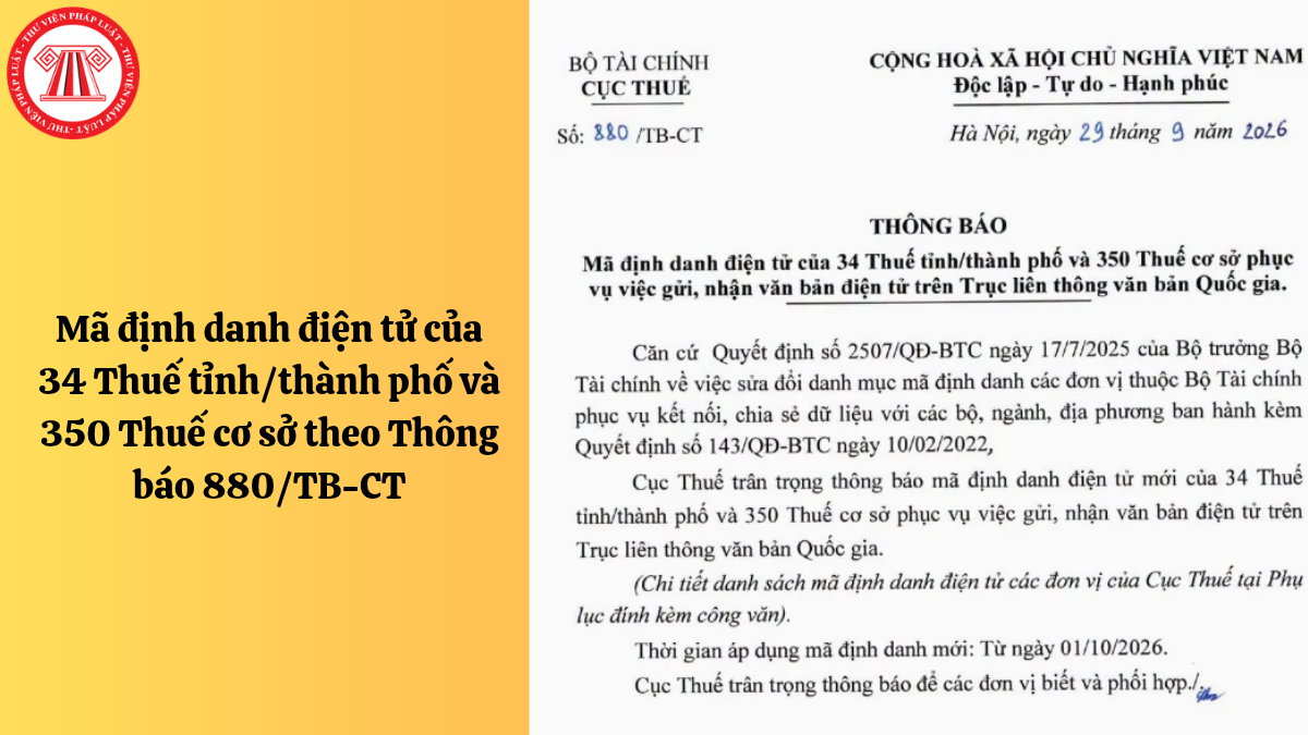 Mã định danh điện tử của 34 Thuế tỉnh/thành phố và 350 Thuế cơ sở theo Thông báo 880/TB-CT