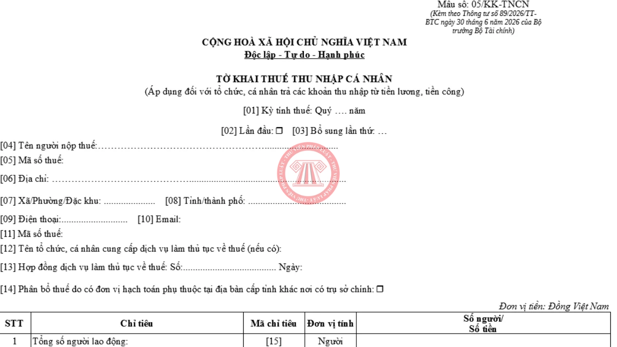 Các chỉ tiêu mới trên tờ khai 05/KK-TNCN quý 3/2026