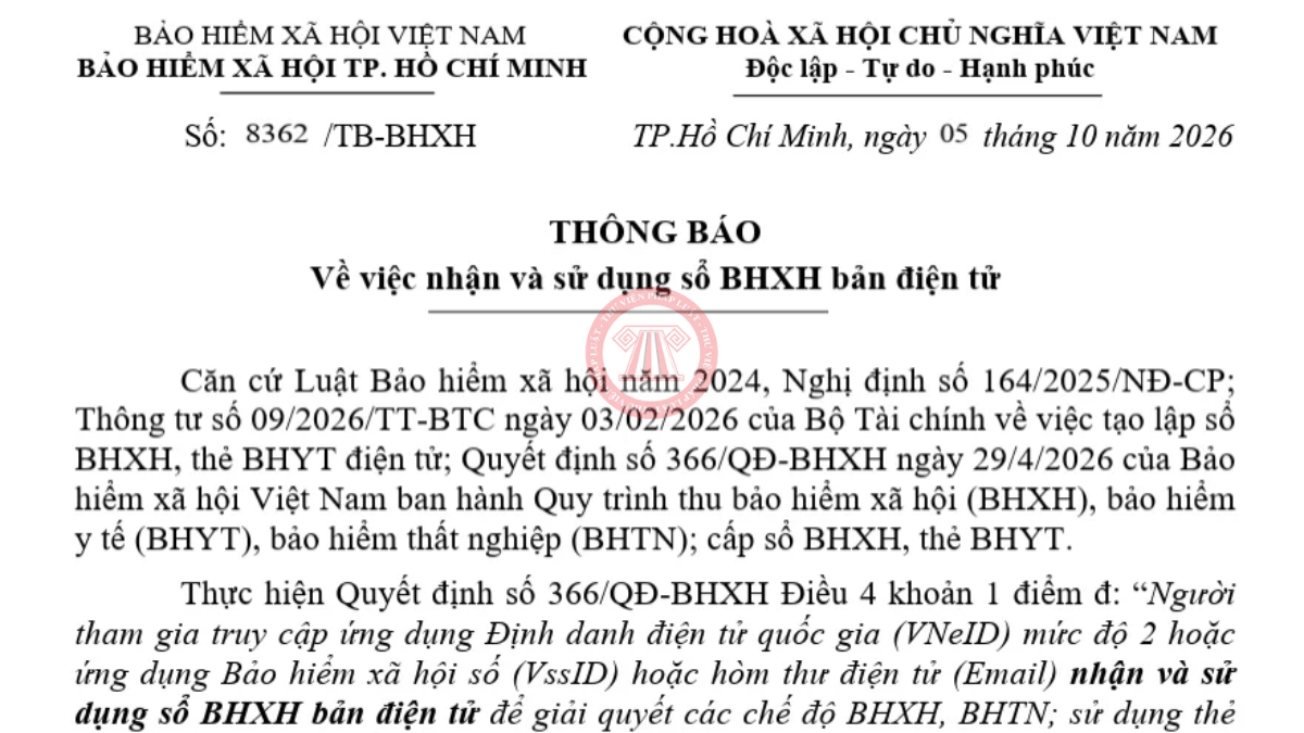 Thông báo 8362/TB-BHXH về việc nhận và sử dụng sổ BHXH bản điện tử