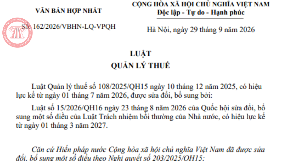 Văn bản hợp nhất Luật Quản lý thuế 2026 (Văn bản hợp nhất số 162/2026/VBHN-LQ-VPQH)