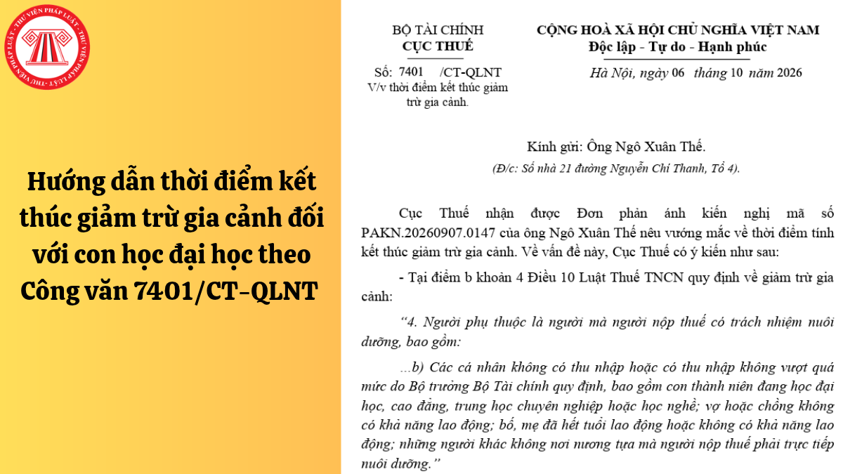 Hướng dẫn thời điểm kết thúc giảm trừ gia cảnh đối với con học đại học theo Công văn 7401/CT-QLNT 