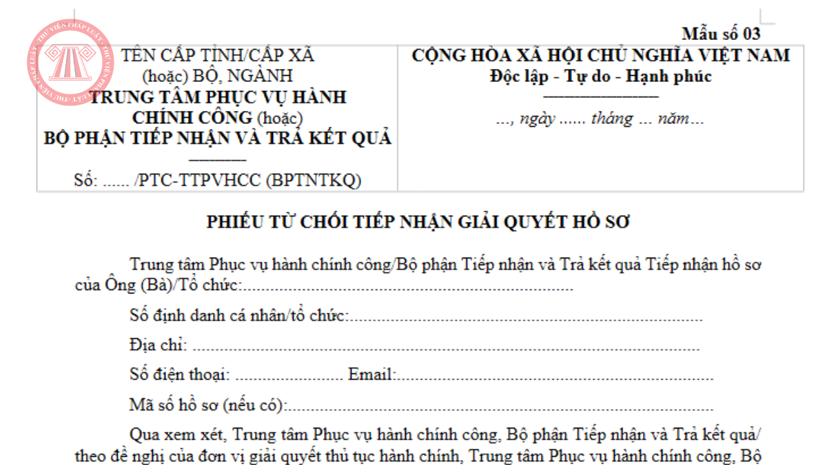 Mẫu số 03 mẫu phiếu từ chối tiếp nhận giải quyết hồ sơ 2026 theo Thông tư 13/2026/TT-BTP