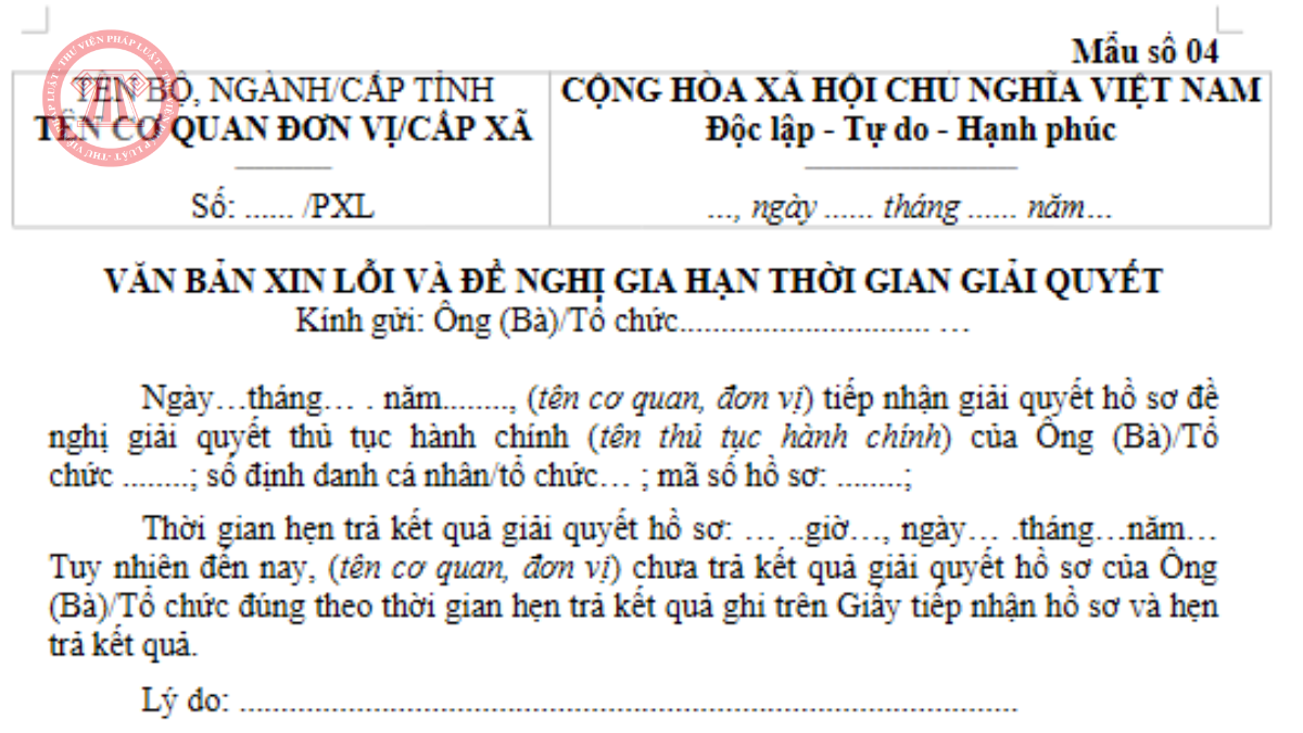 Mẫu số 04 mẫu phiếu xin lỗi và hẹn lại ngày trả kết quả 2026 theo Thông tư 13/2026/TT-BTP